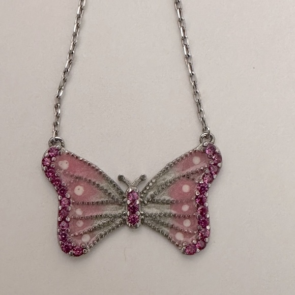 Denim - 925 Silver butterfly necklace cz stones and pink white handmade enamel